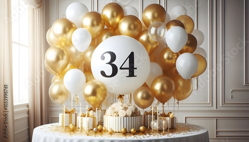 34th Balloon number 34 for birthday anniversary party gold foil balloon greeting with cute cake background.