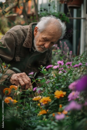 A senior gentleman tends to his garden, surrounded by blooming flowers