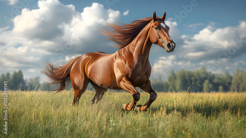 A Brown Horse Galloping on the Grassland, Vast Green Fields Under a Clear Blue Sky
