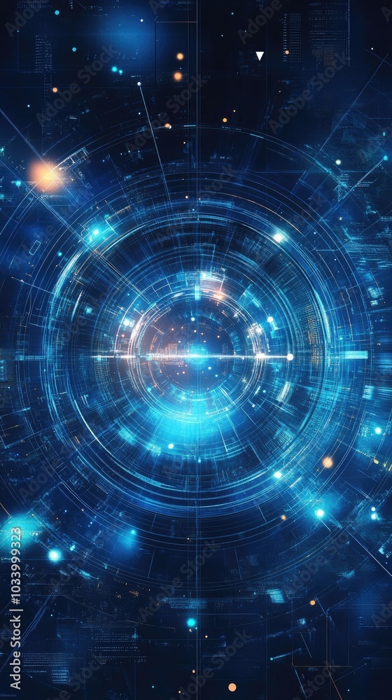 Obraz premium Abstract digital design with glowing blue lights and circular patterns.