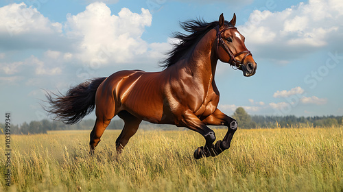 A Brown Horse Galloping on the Grassland, Vast Green Fields Under a Clear Blue Sky 