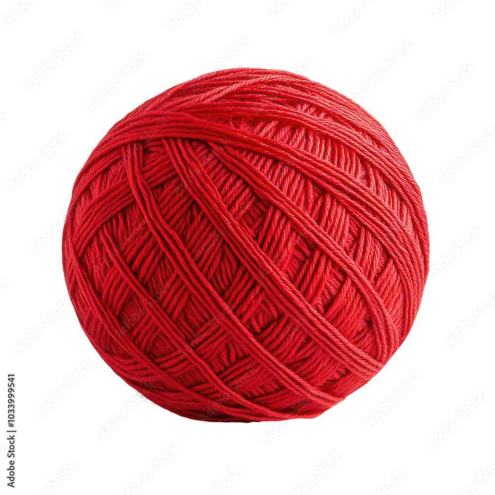 A vibrant red yarn ball rests on a soft surface indoors A vibrant red yarn ball rests on a soft surface indoors