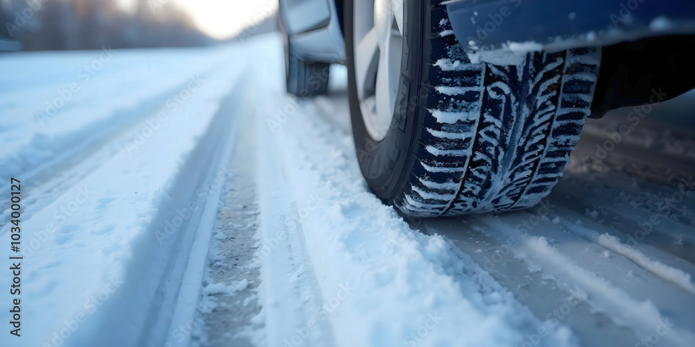 Close-up of car tires on a snowy, icy road, leaving tracks behind. Ideal for winter driving themes, automotive photography, and showcasing winter weather conditions Close-up of car tires on a snowy, icy road, leaving tracks behind. Ideal for winter driving themes, automotive photography, and showcasing winter weather conditions