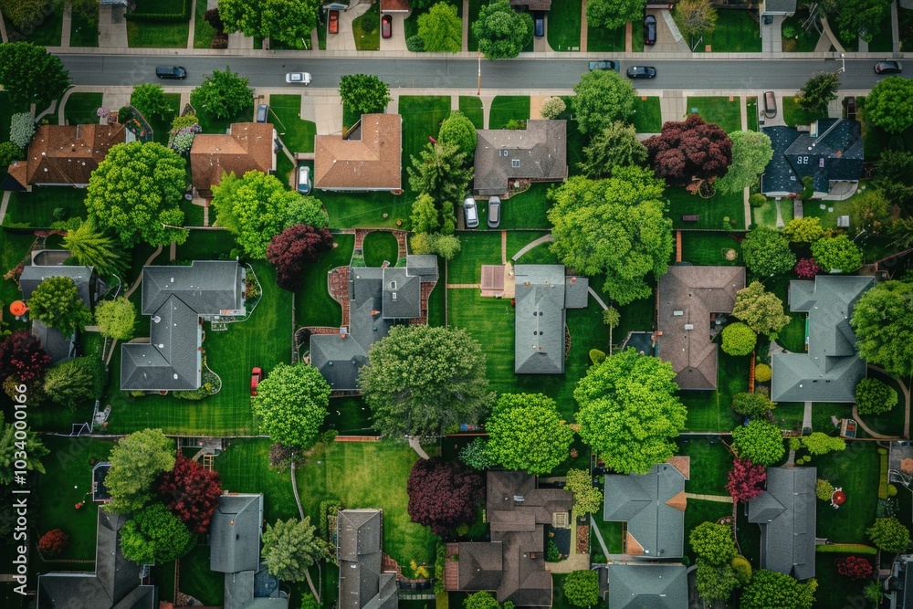 Fototapeta premium Aerial view of a suburban neighborhood with houses, streets and yards