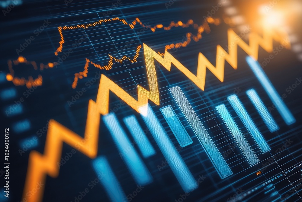Naklejka premium Dynamic financial chart showcasing market trends and fluctuations with vivid colors and modern design aesthetic.