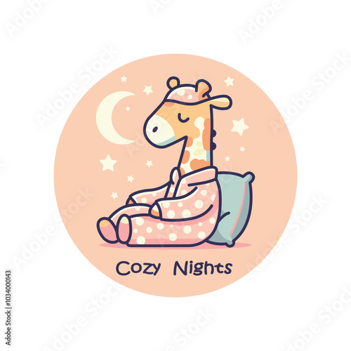 Logo for a clothing store. Cute giraffe in pajamas sleeping. Flat vector illustration.