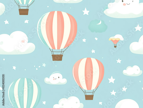 Cute hot air balloon seamless pattern, light color background with clouds and balloons.  