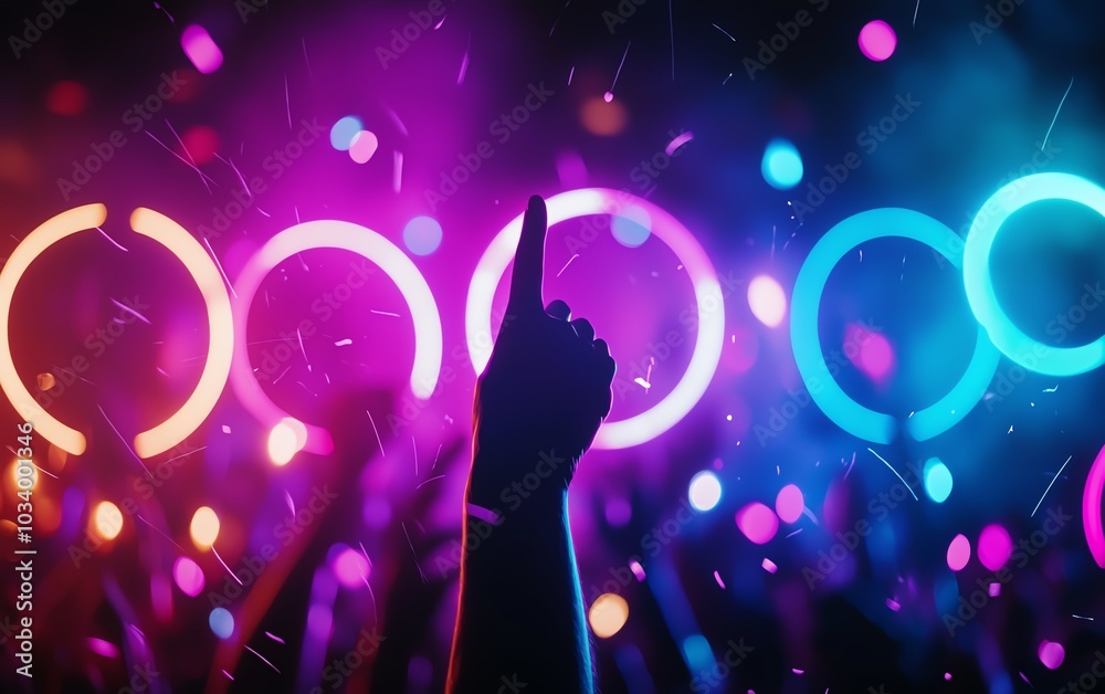 Silhouette of a hand raised in celebration amidst colorful lights and crowd. Silhouette of a hand raised in celebration amidst colorful lights and crowd.