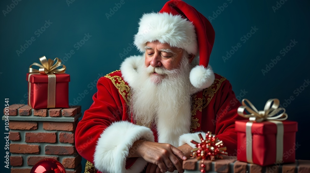 Santa Claus, with a red hat and beard, holds a box of gifts under a Christmas tree Santa Claus, with a red hat and beard, holds a box of gifts under a Christmas tree