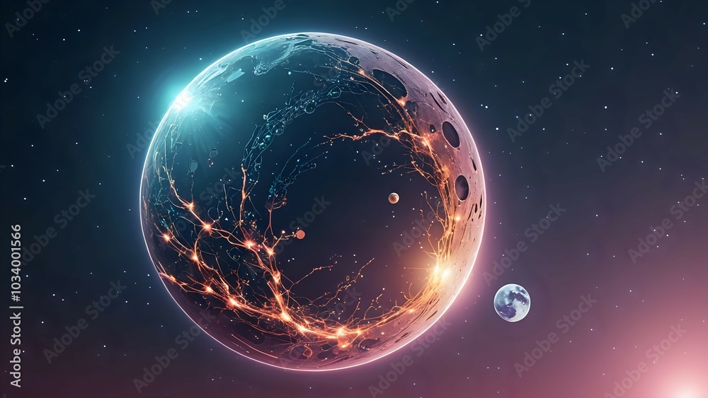 A futuristic, glowing, alien planet with a glowing moon in the starry sky. A futuristic, glowing, alien planet with a glowing moon in the starry sky.