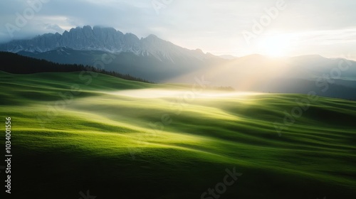 A breathtaking view of vibrant green hills blanketed in soft mist, illuminated by the rising sun, with majestic mountains in the background for a tranquil scene.