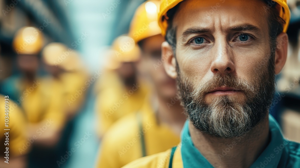 A middle-aged man with a beard and yellow helmet is standing in a warehouse. His focus and determination are emphasized as several other workers are blurred in the background. A middle-aged man with a beard and yellow helmet is standing in a warehouse. His focus and determination are emphasized as several other workers are blurred in the background.
