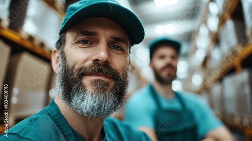 A friendly-looking man in teal attire, including a cap, smiles warmly in a warehouse, suggesting a positive and approachable working environment.