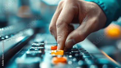 A meticulous hand fine-tunes buttons on an audio console, reflecting the precision and expertise involved in modern sound design and production environments. photo