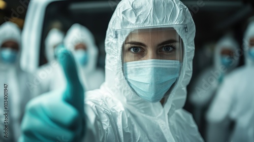 A scientist in full protective gear, complete with mask and suit, gives a thumbs up, symbolizing safety, preparedness, and approval in a scientific setting.