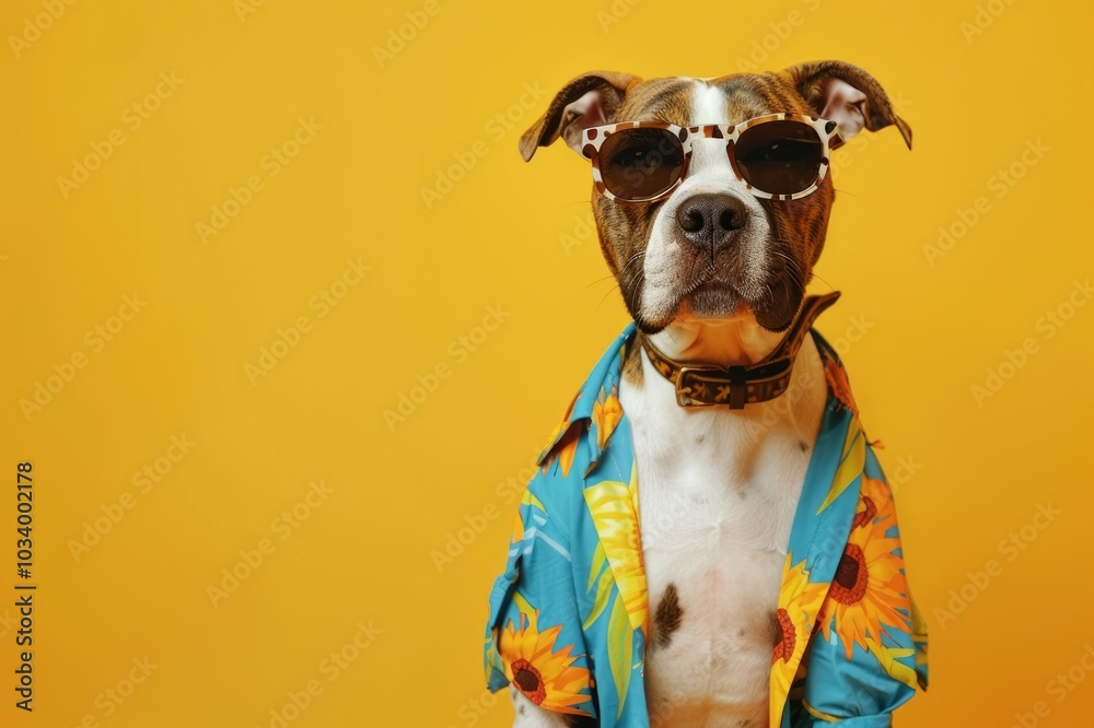 Happy dog pet with sunglasses and colorful fashion shirt outfit dancing on yellow background with copy space. Fun night party animal creative concept. Generative AI Happy dog pet with sunglasses and colorful fashion shirt outfit dancing on yellow background with copy space. Fun night party animal creative concept. Generative AI