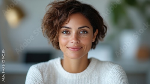 A young woman with short curly hair wearing a white sweater smiles, representing comfort and professionalism in a stylish home office environment. photo