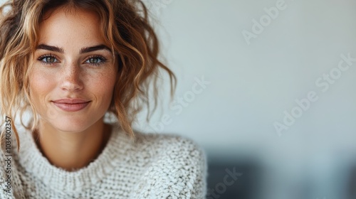 A close-up portrait of a smiling woman in a cozy sweater with a soft focus background, capturing a warm and inviting expression on a casual day.