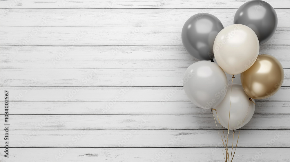 Obraz premium Gold, cream, beige and grey balloons for stylish party or celebration, wide landscape format with space for text or copy, ideal for invitations or announcement aspect ratio 16:9