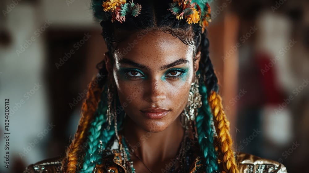 A captivating portrait of a woman with bright braided hair and bold makeup, conveying a sense of vibrant personality and eclectic style in a cultural setting.