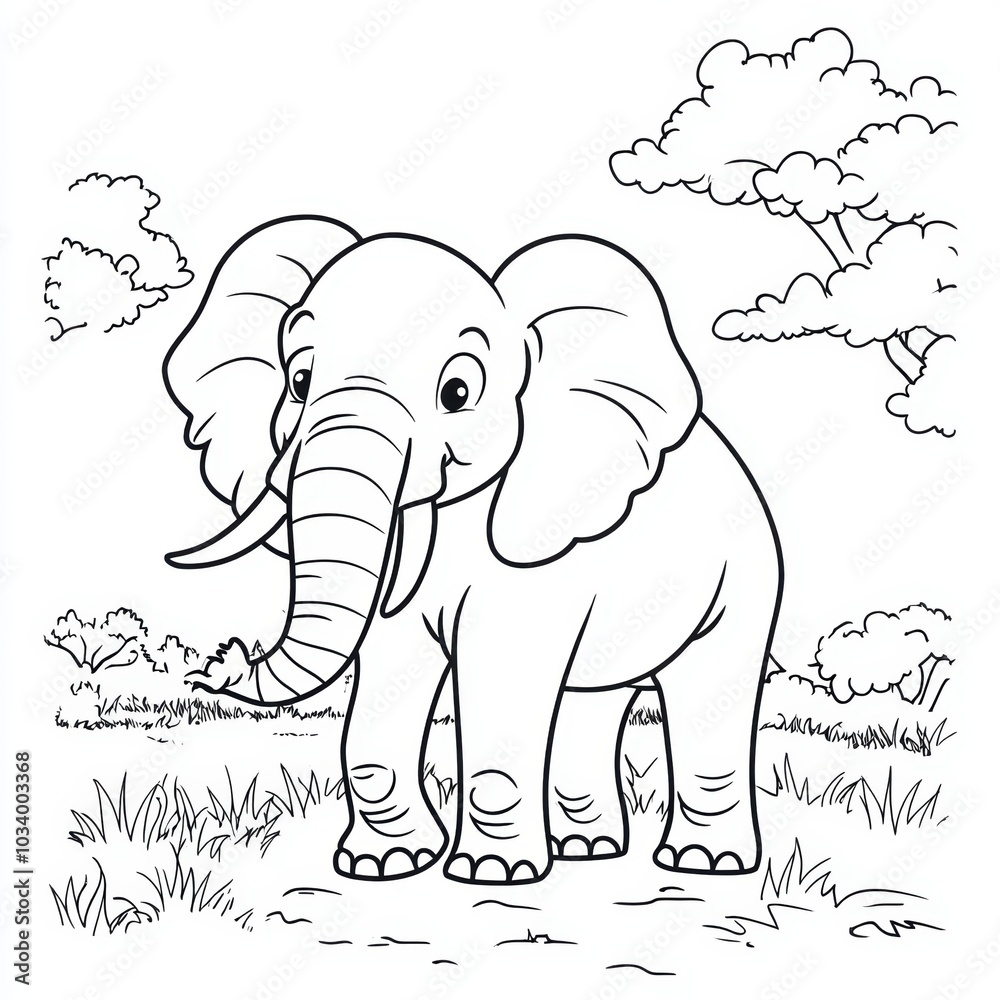 Fototapeta premium Cute Elephant Coloring Page: Adorable elephant standing in a grassy savannah with trees in the background, perfect for kids to color in and enjoy. 