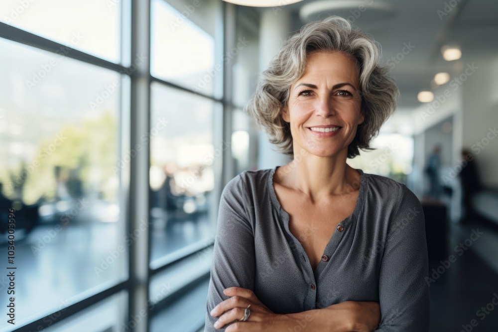 Portrait of a grinning woman in her 50s dressed in a casual t-shirt in front of sophisticated corporate office background Portrait of a grinning woman in her 50s dressed in a casual t-shirt in front of sophisticated corporate office background