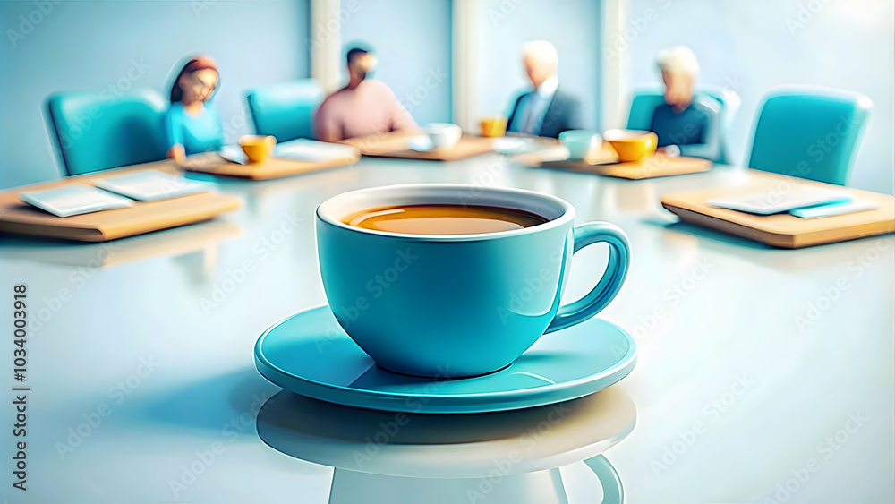 Close Up of Coffee Cup on Meeting Table Against Brown Background - Perfect for Office Break, Relaxed Mood and Promotional Content Close Up of Coffee Cup on Meeting Table Against Brown Background - Perfect for Office Break, Relaxed Mood and Promotional Content