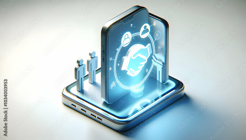 3D Smartphone with Holographic Handshake Showcasing Community Connection and Innovative Technology on Glossy White Surface - Iconic Concept Visual 3D Smartphone with Holographic Handshake Showcasing Community Connection and Innovative Technology on Glossy White Surface - Iconic Concept Visual