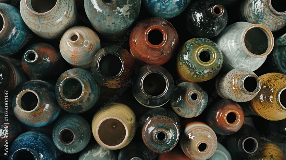 Fototapeta premium Colorful ceramic vases arranged closely together, showcasing various shapes and intricate glazes. vibrant patterns and textures create visually appealing display of artistry and craftsmanship
