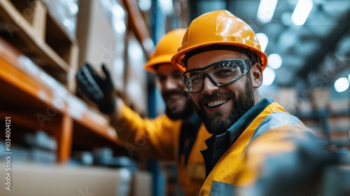 Two smiling workers stand in a warehouse, each wearing hard hats and safety glasses, emphasizing teamwork, safety, and a positive workplace environment.