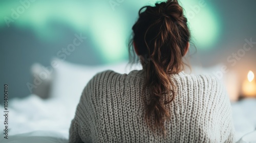 A woman in a warm sweater watches the Northern Lights from a window, capturing a sense of awe and wonder against a backdrop of snow and dreamy ambiance. photo