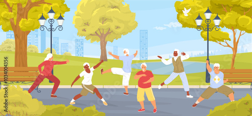 Aged people exercising tai chi Chinese gymnastic for wellness and healthy body in city park vector illustration