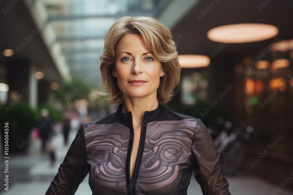 Portrait of a merry woman in her 50s sporting a breathable mesh jersey on sophisticated corporate office background Portrait of a merry woman in her 50s sporting a breathable mesh jersey on sophisticated corporate office background