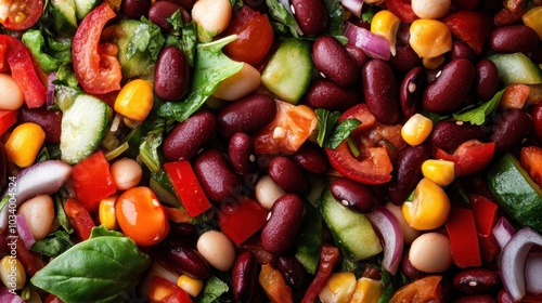 A vibrant salad featuring kidney beans, corn, tomatoes, red onions, and cucumbers, bringing a healthy and colorful option to your meals and gatherings. photo