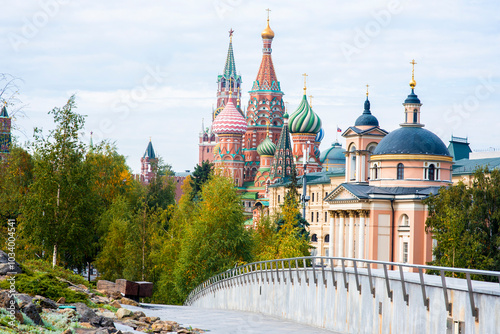 St. Basil's Cathedral (Cathedral of the Intercession of the Holy Virgin on the Moat) on Red Square in Moscow, view from Zaryadye Park, autumn. photo