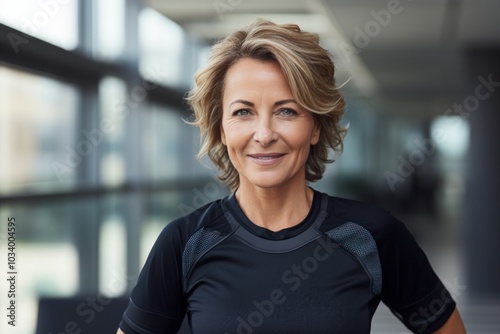 Portrait of a merry woman in her 50s sporting a breathable mesh jersey in front of sophisticated corporate office background Free Download Portrait of a merry woman in her 50s sporting a breathable mesh jersey in front of sophisticated corporate office background - GFXLoad