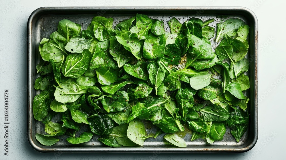 Crisp and vibrant spinach leaves, arranged on a baking tray, illustrate a healthy and nutritious diet, perfect for recipes enhancing wellness and vitality. Crisp and vibrant spinach leaves, arranged on a baking tray, illustrate a healthy and nutritious diet, perfect for recipes enhancing wellness and vitality.