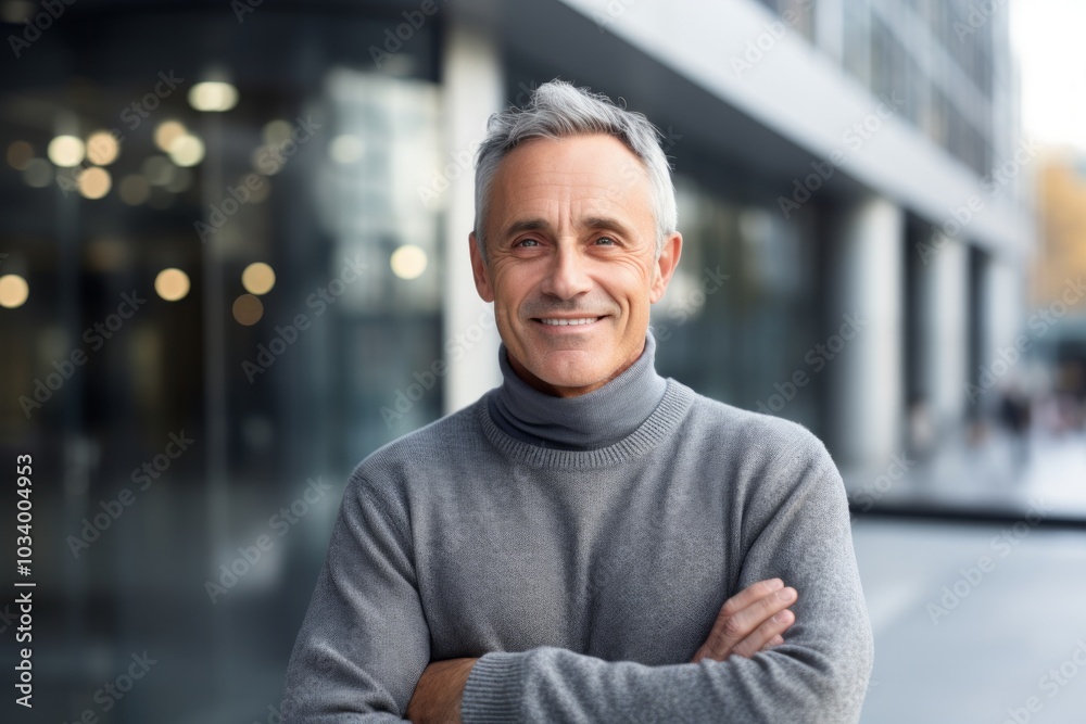 Portrait of a satisfied man in his 50s wearing a cozy sweater isolated in sophisticated corporate office background Portrait of a satisfied man in his 50s wearing a cozy sweater isolated in sophisticated corporate office background