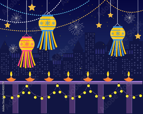 diwali festival house balcony decorated with bunting traditional Indian lanterns, diya lamps