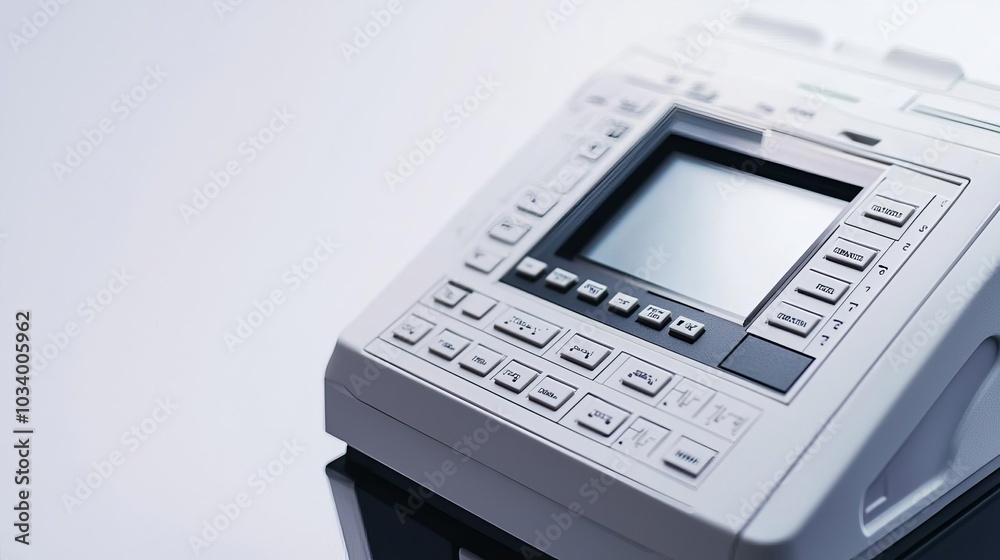 USA election vote 2024 Close-up of electronic voting machine, minimalist design, futuristic tones, isolated on white background USA election vote 2024 Close-up of electronic voting machine, minimalist design, futuristic tones, isolated on white background