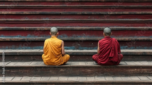 Two young monks sit cross-legged in meditation on temple steps, wearing contrasting robes, creating a scene of peaceful solitude and quiet reflection. photo