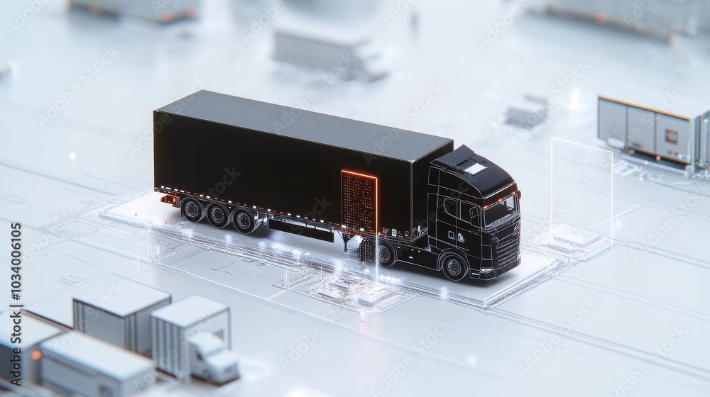 Semi-trailer truck driving on a highway  cargo technology ai product location pin and map