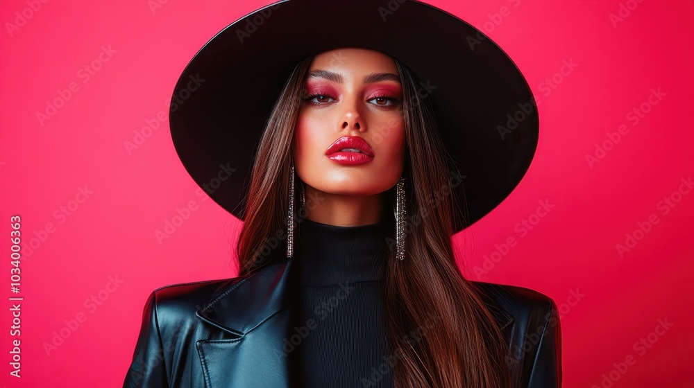 A fashionable woman with bold red lipstick and striking hat and jacket against a bright pink background, exuding elegance and confidence. A fashionable woman with bold red lipstick and striking hat and jacket against a bright pink background, exuding elegance and confidence.