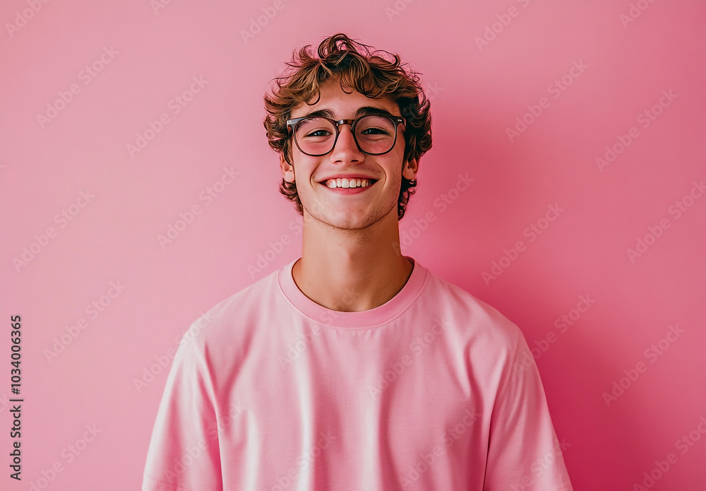 A medium shot of a happy young man in his wearing glasses and smiling at the camera against a pink background.