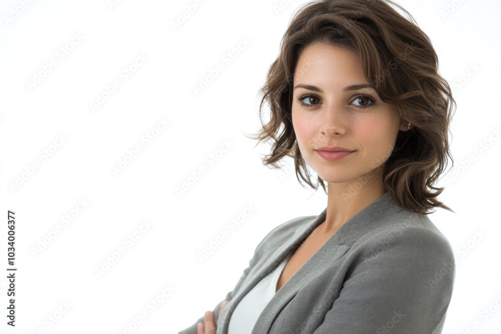 Portrait of a woman wearing a gray cardigan, suitable for use in editorial or advertising contexts Portrait of a woman wearing a gray cardigan, suitable for use in editorial or advertising contexts