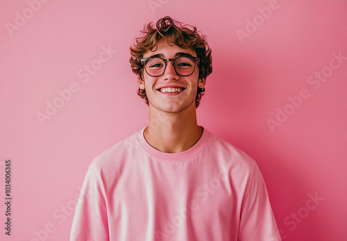 A medium shot of a happy young man in his wearing glasses and smiling at the camera against a pink background.