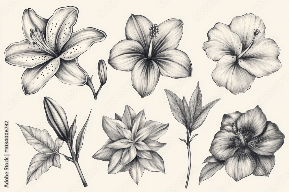 Illustrated flowers and leaves on a white background Illustrated flowers and leaves on a white background