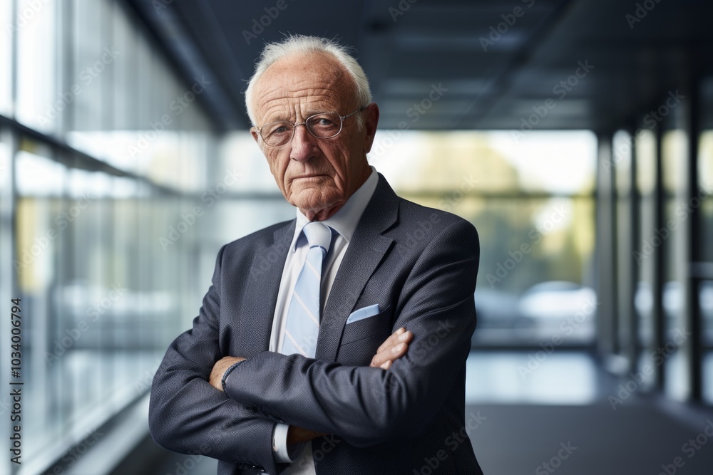 Portrait of a content man in his 80s showing off a lightweight base layer while standing against sophisticated corporate office background Portrait of a content man in his 80s showing off a lightweight base layer while standing against sophisticated corporate office background