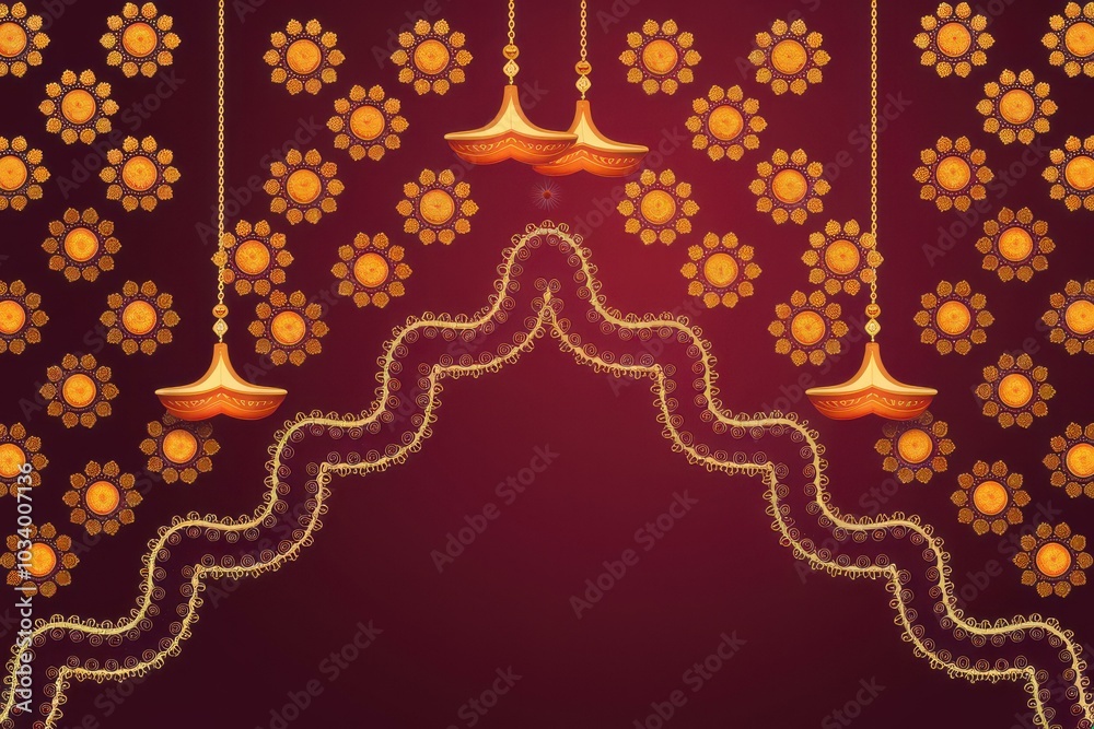 Fototapeta premium Vibrant Diwali Celebration Decor Ornate Lamps Floral Patterns - Perfect Holiday Marketing, Invitations, Social Media Graphics