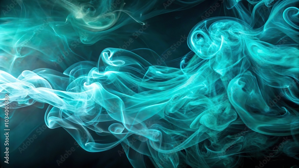 Fototapeta premium Abstract smoke swirls in teal background tilted angle